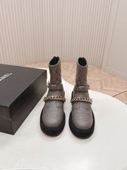 CHANEL ANKLE BOOTS 25S IN SMOKY GREY LAMBSKIN EMBOSSED LOGO WITH GOLD HARDWARE