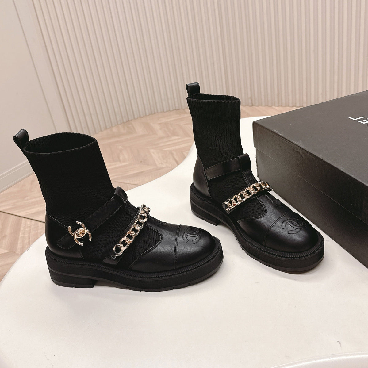 CHANEL ANKLE BOOTS 25S IN BLACK LAMBSKIN AND FABRIC WITH GOLD HARDWARE