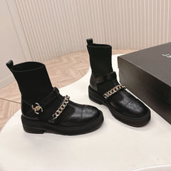 CHANEL ANKLE BOOTS 25S IN BLACK LAMBSKIN AND FABRIC WITH GOLD HARDWARE