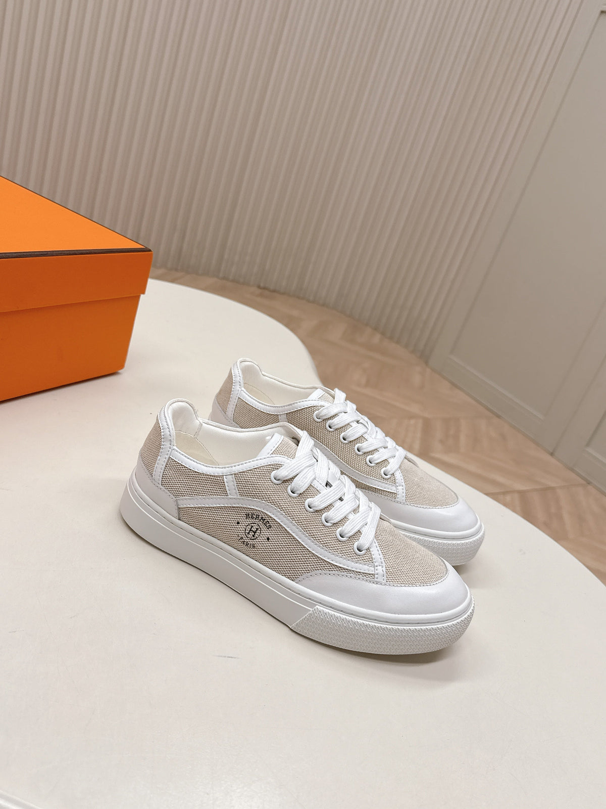 HM 25S SNEAKER LOW SPORTS IN BEIGE CANVAS MIX WHITE LAMBSKIN