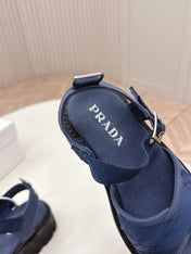 PRADA 26S CROSS STRAP CHUNKY SOLE SANDALS IN NAVY BLUE CANVAS