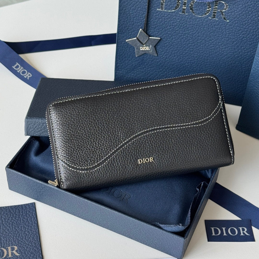 DIOR 25S SADDLE LONG ZIPPED WALLET 19 IN BLACK GRAINED CALFSKIN MARQUETRY