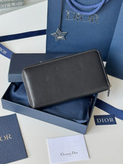 DIOR 25S SADDLE LONG ZIPPED WALLET 19 IN BLACK GRAINED CALFSKIN MARQUETRY