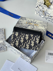 DIOR 25S SADDLE JASMINE GUSSET CARD HOLDER 10 IN BLUE BLACK OBLIQUE JACQUARD CANVAS AND CALFSKIN