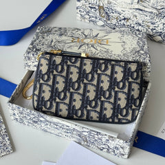 DIOR 25S TRAVEL MYRTE ZIPPED KEY CASE 14 IN DARK BLUE DIOR OBLIQUE JACQUARD CANVAS