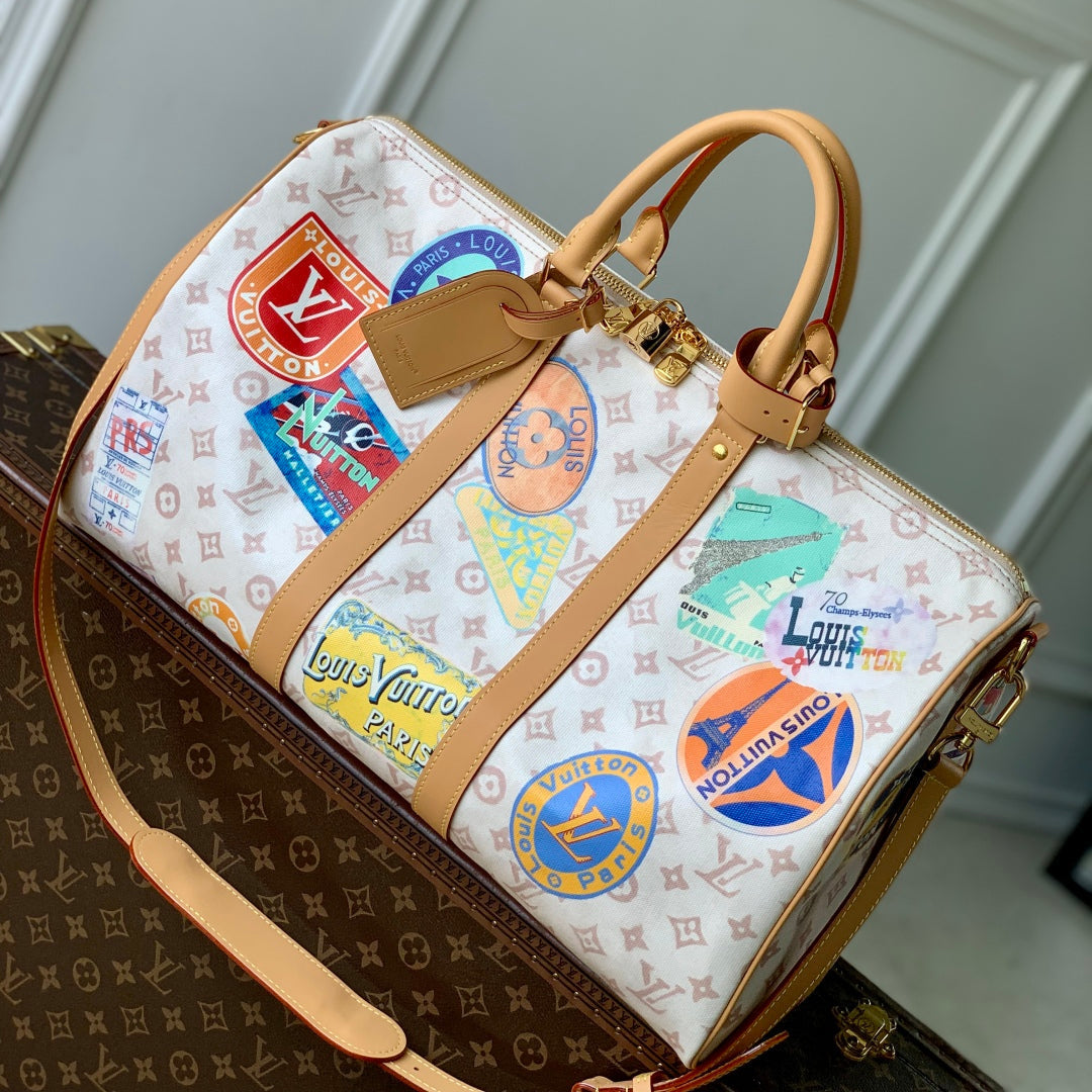 KEEPALL BANDOULIÈRE 45 IN WHITE MONOGRAM DUNE CANVAS AND CALFSKIN