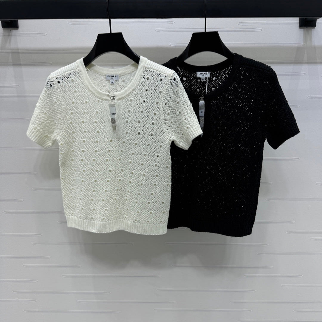 CHANEL SHORT-SLEEVE OPEN-KNIT TOP 274861