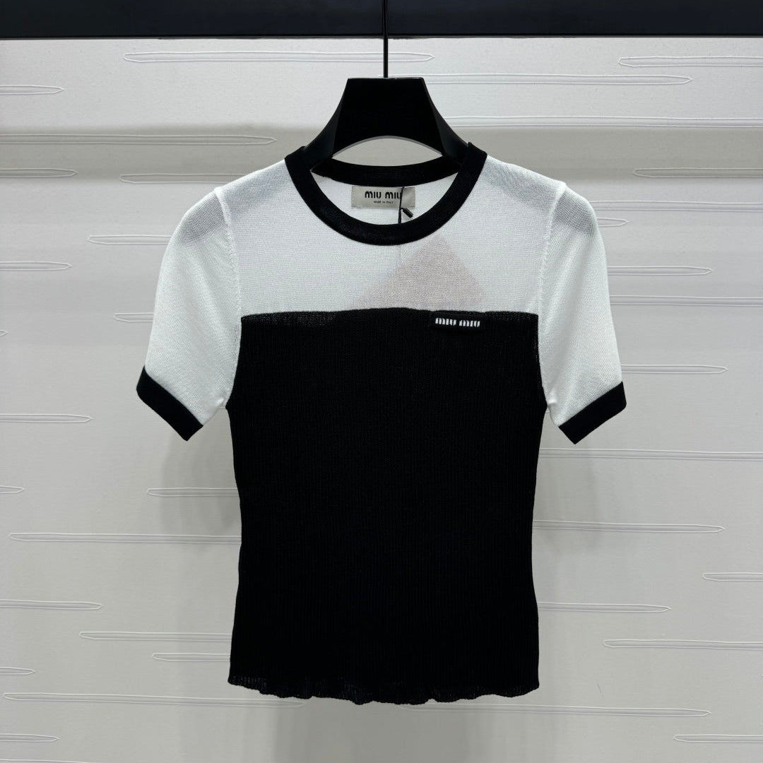 MIUMIU CREW NECK SHORT-SLEEVE SHEER KNIT TOP 274813