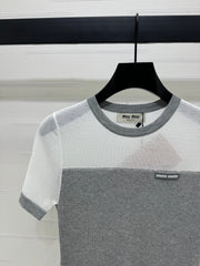 MIUMIU CREW NECK SHORT-SLEEVE SHEER KNIT TOP 274812