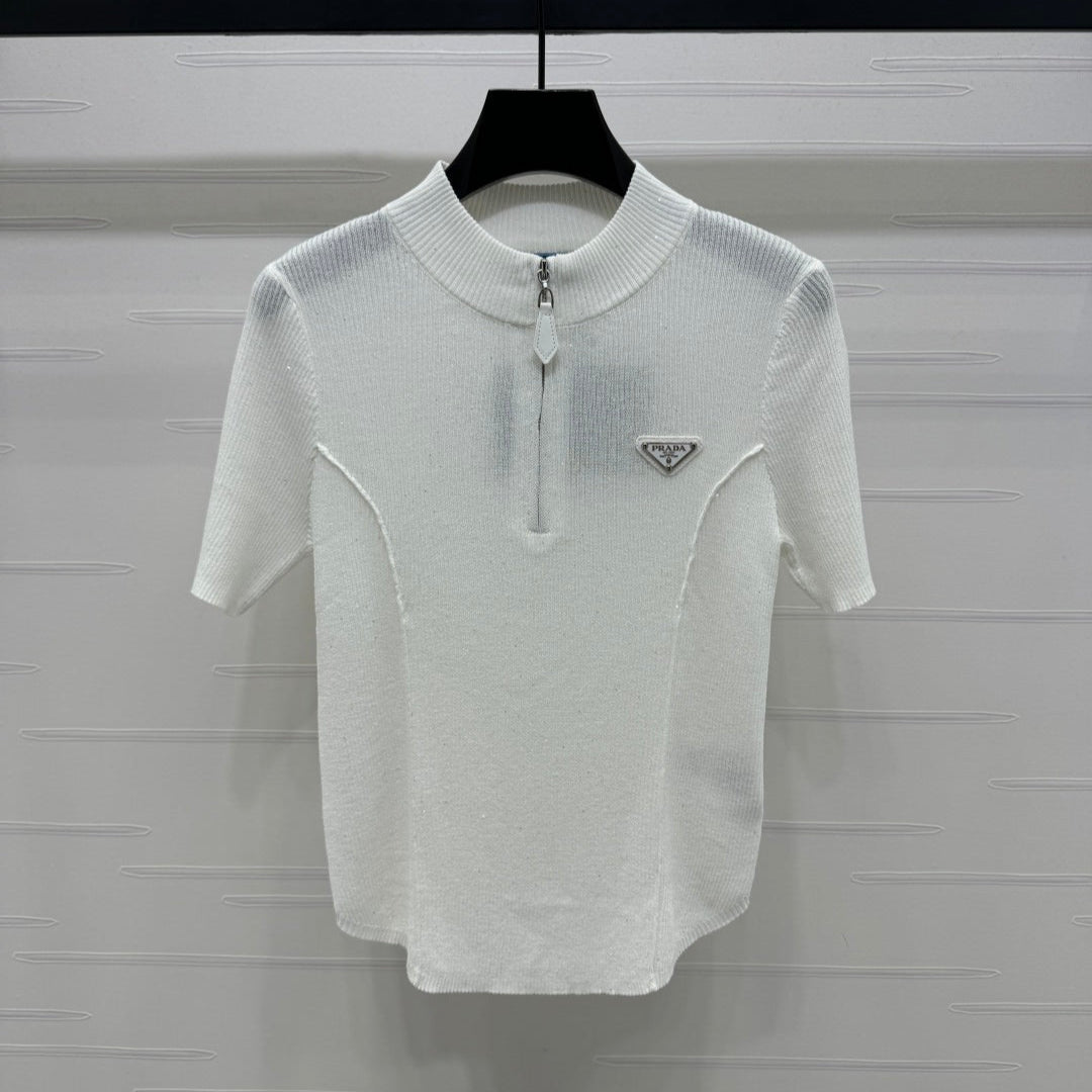 PRADA MOCK NECK SHORT-SLEEVE KNIT TOP WHITE 274815