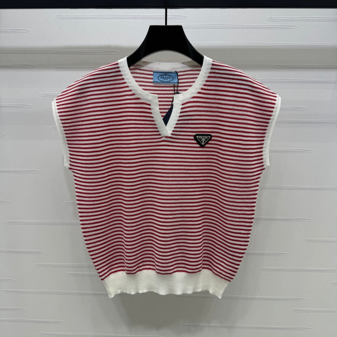PRAD 25S STRIPED V-NECK KNITTED VEST 264127