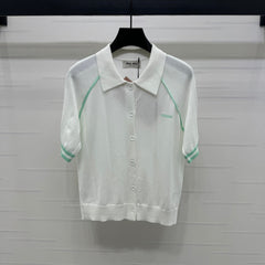 MIU 25S ROUND NECK STRIPED KNIT RAGLAN SHORT SLEEVES 264108