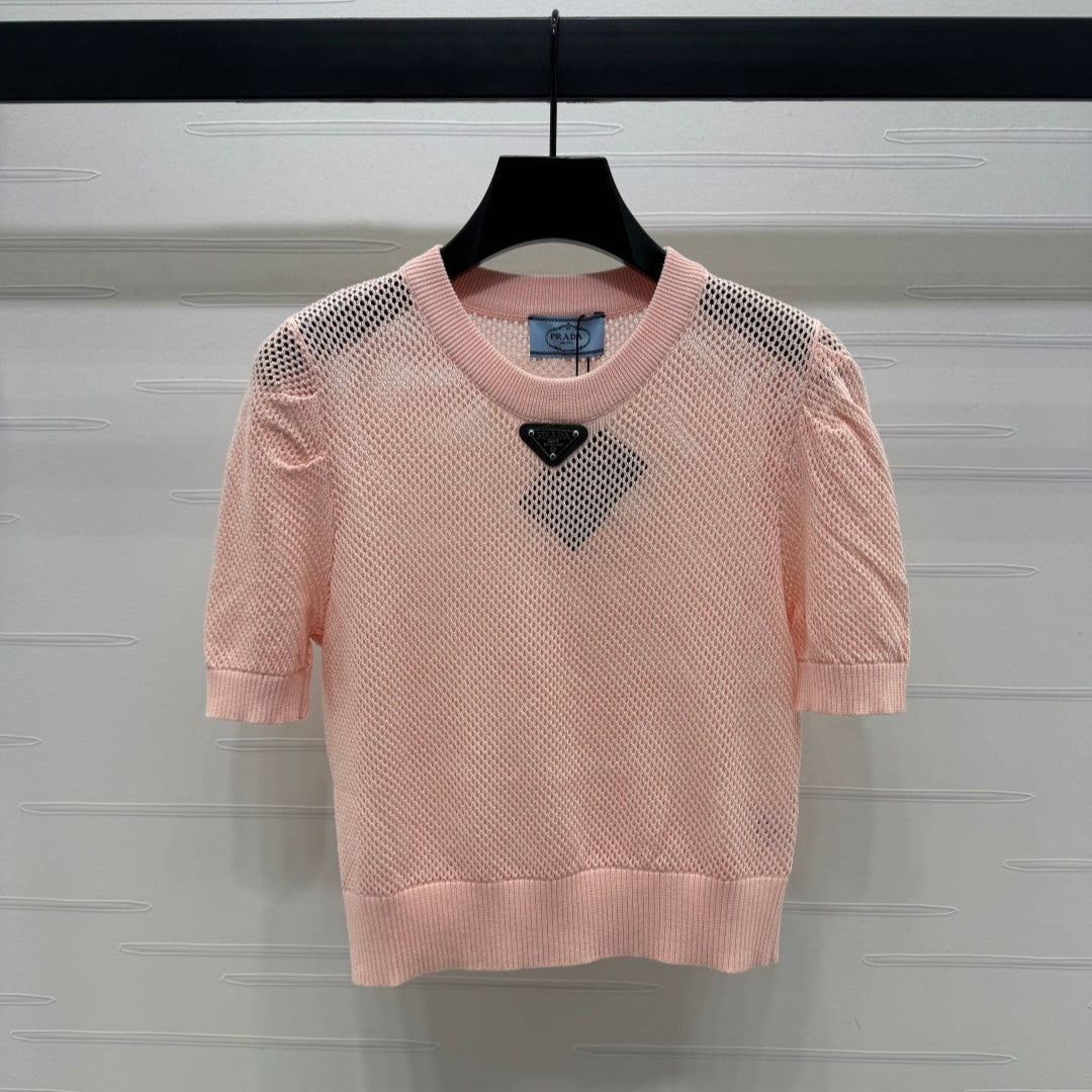 PRAD 25S HOLLOW KNIT SHORT SLEEVE TOP 264136