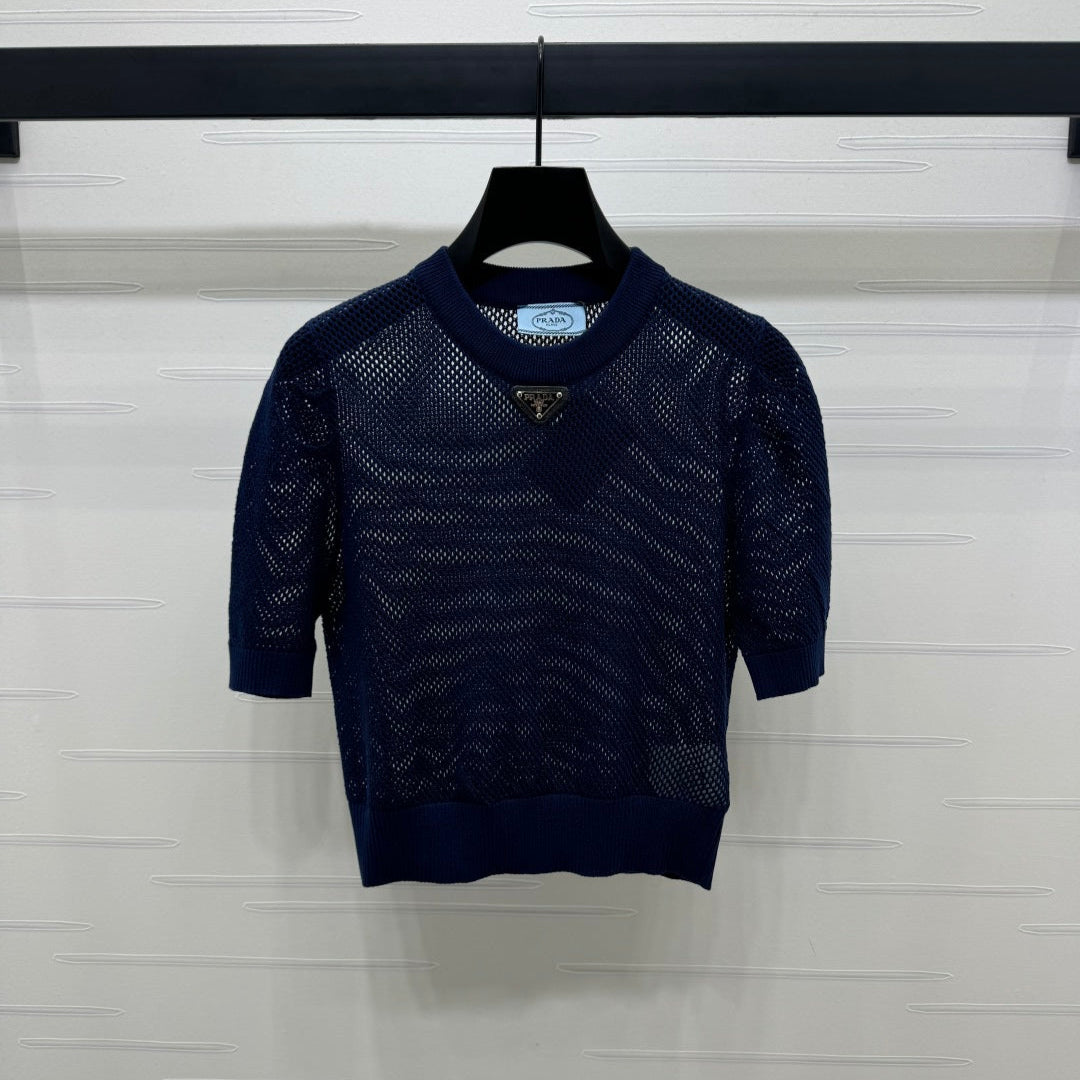 PRAD 25S HOLLOW KNIT SHORT SLEEVE TOP 264135