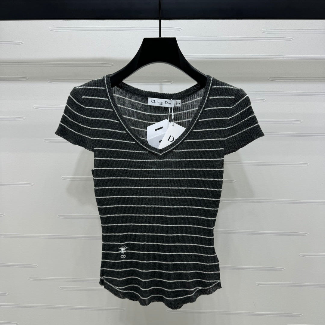 DIOR 25S SHORT SLEEVE STRIPED V-NECK SWEATER 264077