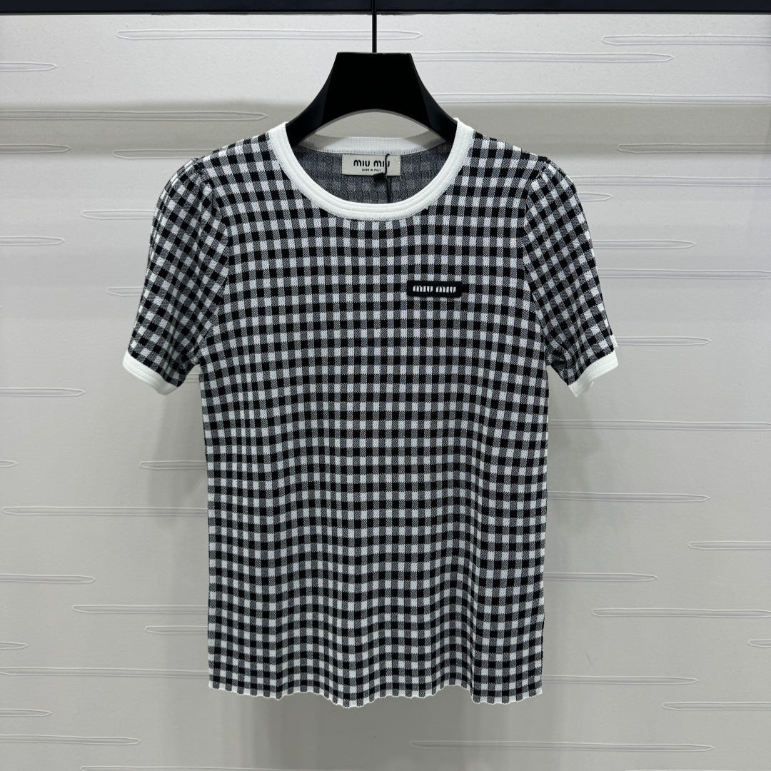 MIUMIU CREW NECK SHORT-SLEEVE PLAID KNIT TOP 274833