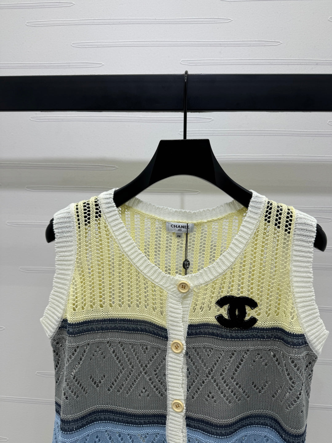 CHANEL EMBROIDERED LOGO OPEN-KNIT VEST 274869