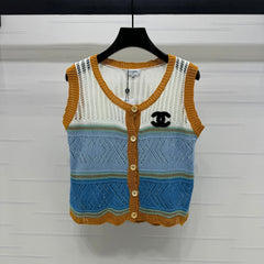 CHANEL EMBROIDERED LOGO OPEN-KNIT VEST 274868