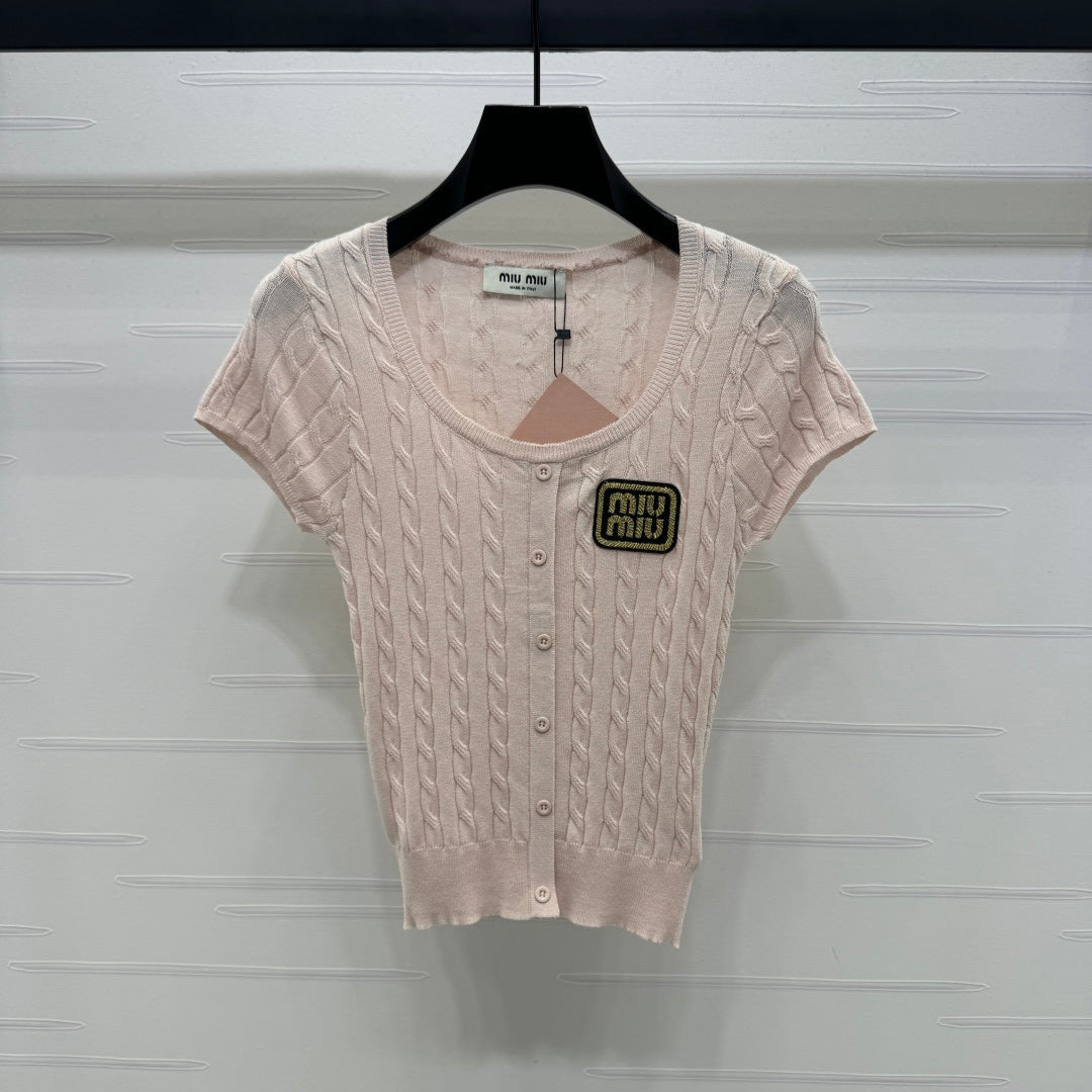 MIUMIU U-NECK KNITTED SHORT-SLEEVE TOP PINK 274947