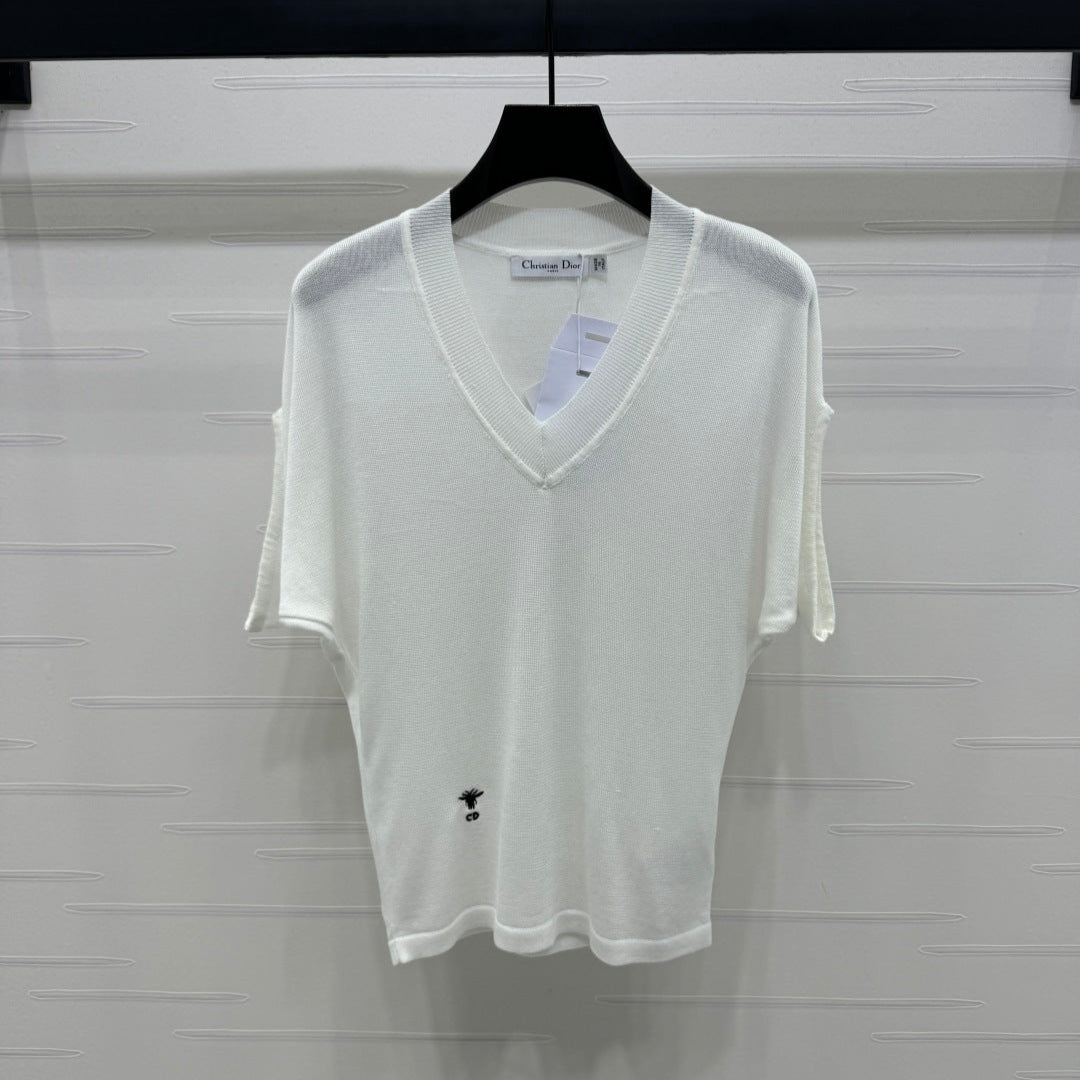 DIOR V-NECK KNITTED SHORT-SLEEVE T-SHIRT WHITE 274934