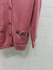 CHANEL HEAVY KNIT CARDIGAN WITH EMBELLISHED FLORAL DETAILS 274876