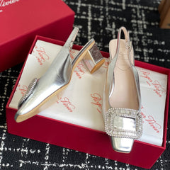 ROGER VIVIER 25S VIVIER SLINGBACK 45MM IN SILVER CALFSKIN EMBELLISHED CRYSTALS