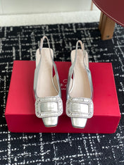 ROGER VIVIER 25S VIVIER SLINGBACK 45MM IN SILVER CALFSKIN EMBELLISHED CRYSTALS