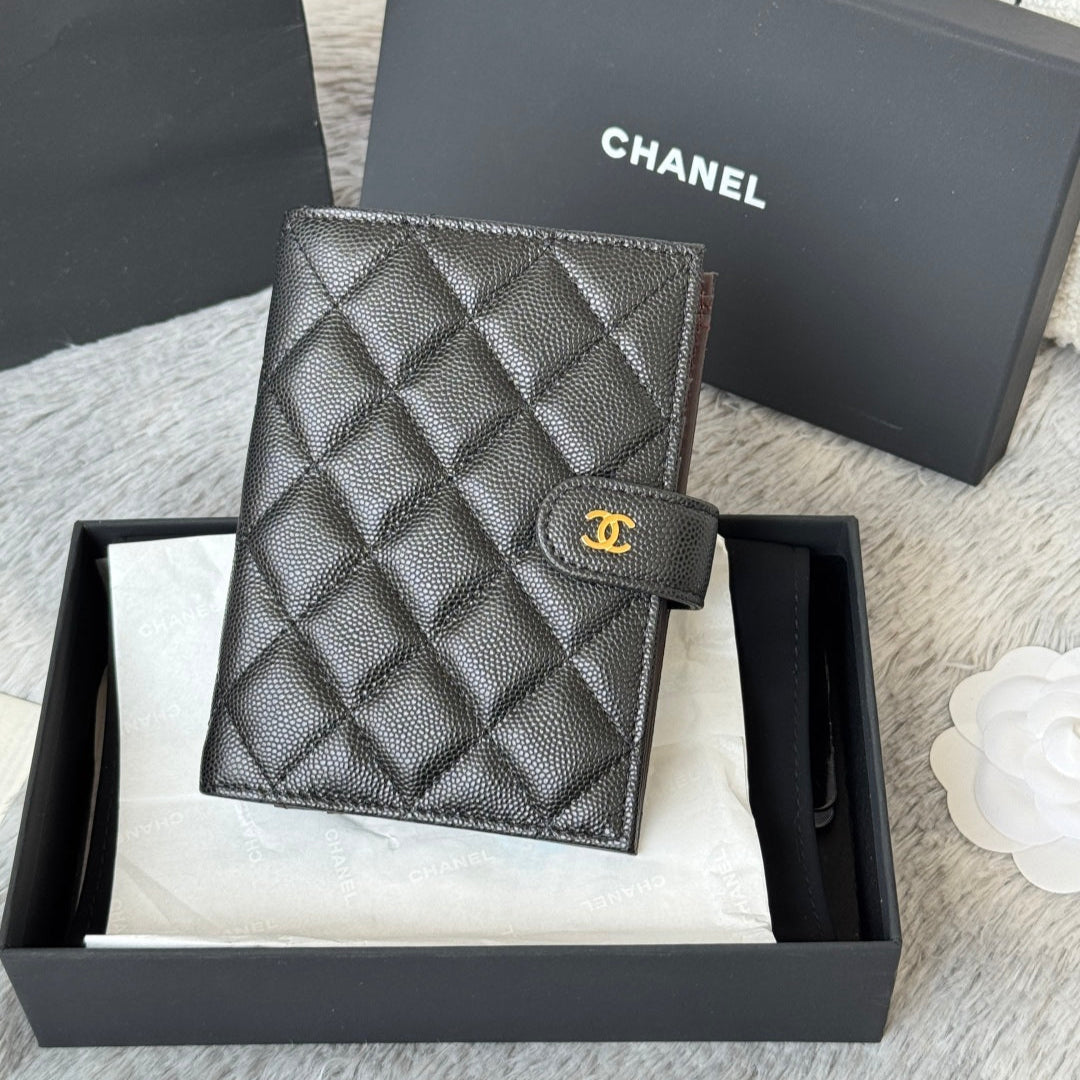 CHANEL 25S MULTI PURPOSE PASSPORT WALLET 15 IN BLACK CALFSKIN GOLD HARDWARE