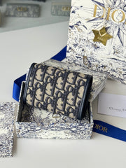DIOR 25S CARO CARD HOLDER 11 IN BLUE CALFSKIN AND CANVAS GOLD HARDWARE