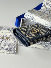 DIOR 25S CARO CARD HOLDER 11 IN BLUE CALFSKIN AND CANVAS GOLD HARDWARE