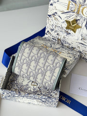 DIOR 25S CARO CARD HOLDER 11 IN GRAY CALFSKIN AND CANVAS GOLD HARDWARE