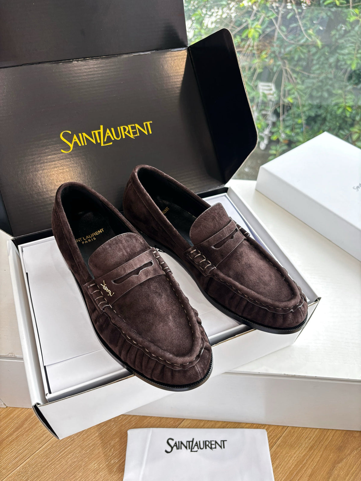 YSL 25S LOAFERS IN DARK BROWN SUEDE