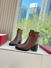 VALENTINO 25S SIGNATURE LOGO BOOTS 60 MM IN BROWN CALFSKIN WITH GOLD HARDWARE