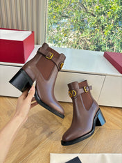 VALENTINO 25S SIGNATURE LOGO BOOTS 60 MM IN BROWN CALFSKIN WITH GOLD HARDWARE
