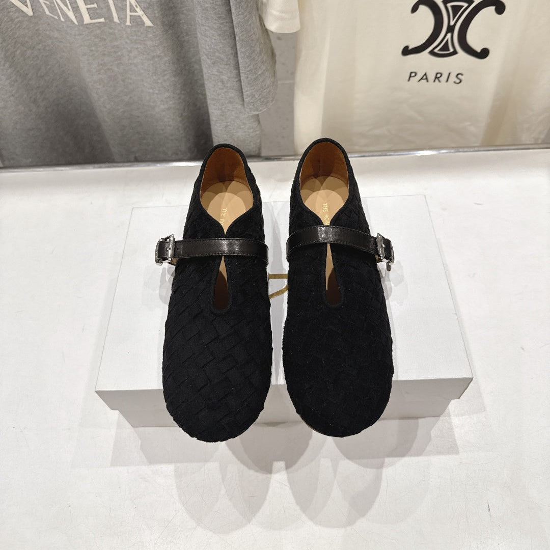 THE ROW 26S MARY JANE FLATS IN BLACK SUEDE
