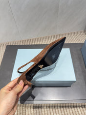 PRADA 26S POINTED TOE SLINGBACK HIGH HEELS 55MM IN BROWN SUEDE WITH LOGO
