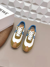 LOEWE 26S FLOW RUNNER SNEAKER IN OLIVE BROWN AND WHITE SUEDE AND BLUE CALFSKIN