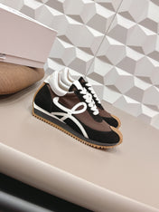 LOEWE 26S FLOW RUNNER SNEAKER IN BLACK AND DARK BROWN SUEDE AND WHITE CALFSKIN