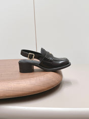MIUMIU 26S BLOCK HEEL PENNY SLINGBACK LOAFERS 50MM IN BLACK CALFSKIN