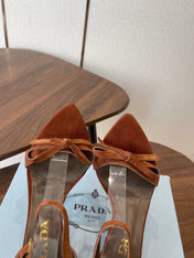 PRADA 26S HIGH HEEL SANDALS 85MM IN CARAMEL BROWN SUEDE WITH BOW
