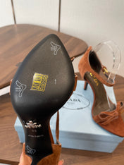 PRADA 26S HIGH HEEL SANDALS 85MM IN CARAMEL BROWN SUEDE WITH BOW