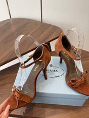 PRADA 26S HIGH HEEL SANDALS 85MM IN CARAMEL BROWN SUEDE WITH BOW