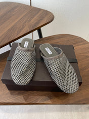 ALAIA 26S FLAT MULES IN DARK GREY SUEDE AND MESH RHINESTONE-EMBELLISHED