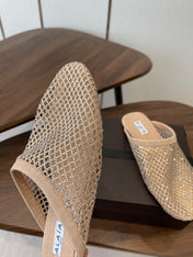 ALAIA 26S FLAT MULES IN BEIGE SUEDE AND MESH RHINESTONE-EMBELLISHED