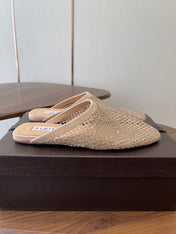 ALAIA 26S FLAT MULES IN BEIGE SUEDE AND MESH RHINESTONE-EMBELLISHED