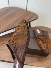 ALAIA 26S FLAT MULES IN DARK BROWN SUEDE AND MESH RHINESTONE-EMBELLISHED