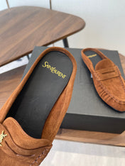 YSL 26S LOAFER MULES IN BURNT ORANGE BROWN SUEDE