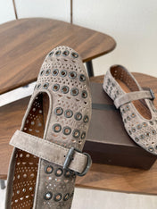 ALAIA 26S MARY JANE FLATS IN GREIGE BROWN SUEDE