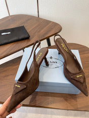 PRADA 26S SLINGBACK PUMPS 75MM IN DARK BROWN SUEDE WITH LOGO