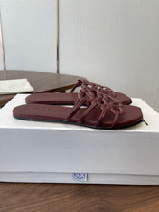 LOEWE 26S PETAL ANAGRAM SLIDE IN WINE RED CALFSKIN